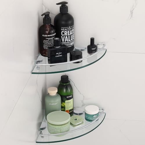2 Ties Glass Corner Shelf with SUS 304 Stainless Steel Rail Chrome Finished, Esquinero para baños, Rustproof Tempered Glass Shelf, Shower Caddy Organizer 9.8" x 9.8" - size: 2 PACK With Rail