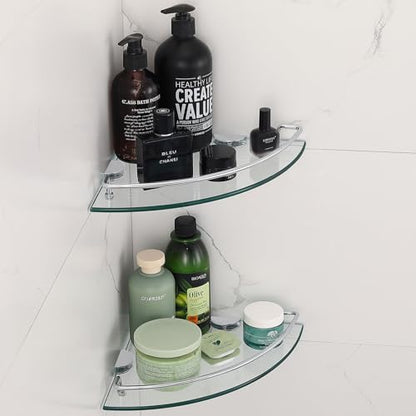 2 Ties Glass Corner Shelf with SUS 304 Stainless Steel Rail Chrome Finished, Esquinero para baños, Rustproof Tempered Glass Shelf, Shower Caddy Organizer 9.8" x 9.8" - size: 2 PACK With Rail