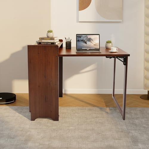 Folding Desk with Storage Shelves, Vintage Fold Out Hideaway Small Desks, Bamboo Bookcase with Drop Down Table, Hidden Desk Cabinet for Bedrooms, Study Rooms, Student Dormitories