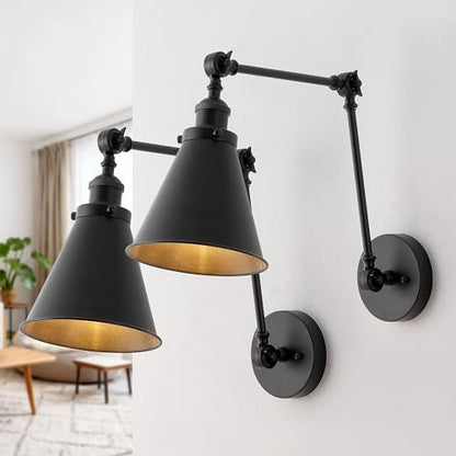 JONATHAN Y Rover 1-Light Wall Sconce 7", Black, Set of 2 | Adjustable Arm, Hardwired Bedside Reading Swing Arm, Farmhouse Cone Shade, Metal Hardwired Indoor Fixture, LED Bulbs Included - color: Black, size: Set of 2