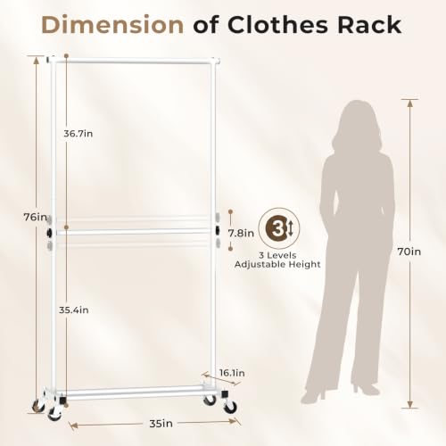 Double Rod Clothes Rack, 35" Wide Hanging Rack for Clothes, Portable Clothing Racks for Hanging Clothes, Rolling Garment Racks with Wheels for Bedroom Closet, White - color: White