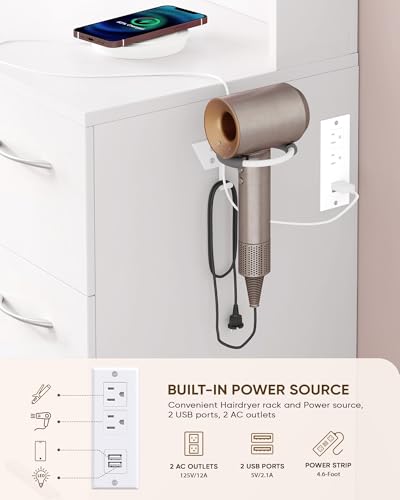 LIVELYGLOW White Makeup Vanity Desk with Charging Station & 4 Drawers | Smart LED Mirror, Cushioned-Stool, Hairdryer Rack - color: Ivory White