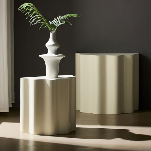 Nesting Coffee Table Set of 2 for Living Room, Modern Circle Center Table with Wavy Edges Design, Accent End Side Table for Small Space, No Need Assembly (Fiberglass, 22.05"+16.93") - color: 22.05"+16.93" Fiberglass, Beige