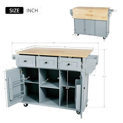53'' Rolling Kitchen Island with Storage, Large Kitchen Cart On Wheels with Drop Leaf & Power Outlet & Drawers, Mobile Kitchen Table with 3 Drawers, for Dining Room (Grey Blue) - color: Grey Blue