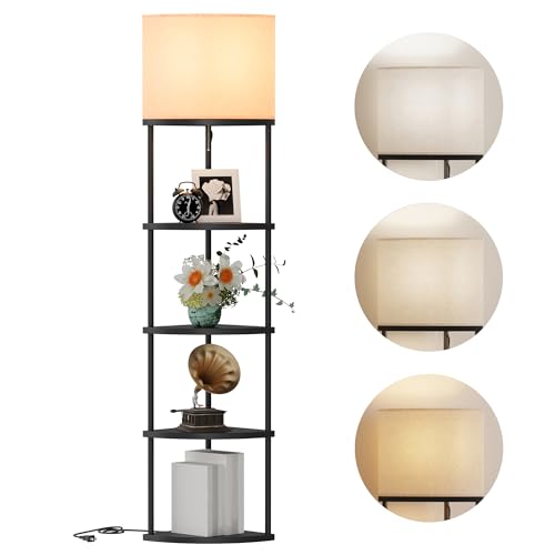 Qupui Floor Lamp with Shelves, 61.5" 5-Tier, 3-Color LED, Black | Fabric Shade With Soft Cozy Light. 3 Color Temperatures 12W LED. 5 Tiers, 22 Lbs Each. Durable Composite Panels, Metal Frame - color: 5-Tier Black