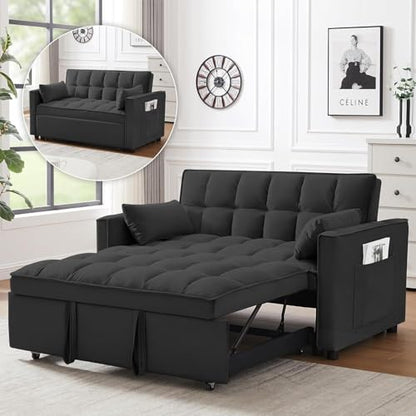 3 In 1 Velvet Convertible Sofa Bed, Pull Out Couch Bed with Reclining Backrest And 2 Pillows, 54" Full Size Loveseat Sleeper Sofa Futon Couch Beds, Couches For Small Spaces, Living Room (Black) - color: Black