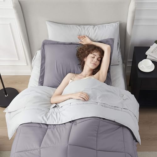 Nestl 5 Piece Twin Comforter Set – Grey Lavender Reversible Bed in a Bag – Complete Twin Size Bedding Set with Sheets, Pillowcase and Sham - color: Grey Lavender, size: Twin