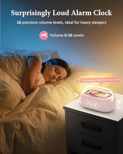 Bluetooth Speaker Alarm Clock & Wireless Charger for Bedside, Home, Office | FM Radio, Adjustable LED Night Light, 6 in 1 Bedroom Portable Speaker 2500mAh, Phone Stand - color: Pink