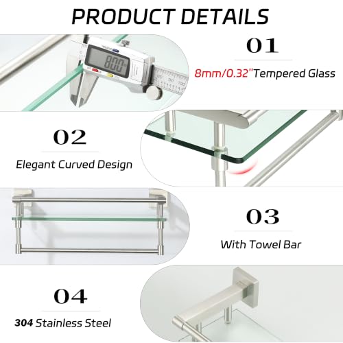 Alise Bathroom Shelf with Towel Bar, 20 Inch Brushed Nickel Glass Shelf | Floating Glass Shelves for Bathroom Wall, Tempered Glass, SUS304 Stainless Steel - color: Brushed Nickel, size: 20 In