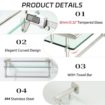 Alise Bathroom Shelf with Towel Bar, 20 Inch Brushed Nickel Glass Shelf | Floating Glass Shelves for Bathroom Wall, Tempered Glass, SUS304 Stainless Steel - color: Brushed Nickel, size: 20 In