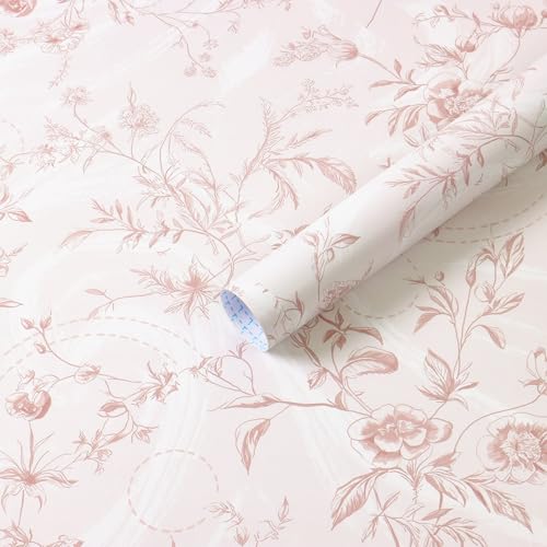 Peel and Stick Wallpaper Pink Floral Contact Paper Pink Vintage French Renter Friendly Wallpaper 17.3''x78.7'' Textured Stick on Wall Paper for Bathroom Bedroom Cabinets Removable Vinyl Roll - color: Pink Flower, size: 17.3" x 78.7"