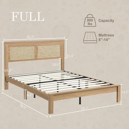 Full Bed Frame with Headboard Wood, Rattan Boho Bedframe with Wooden Slats Surpport, Easy Assembly Platform Bed, No Box Spring Needed, Natrual Walnut - size: Full