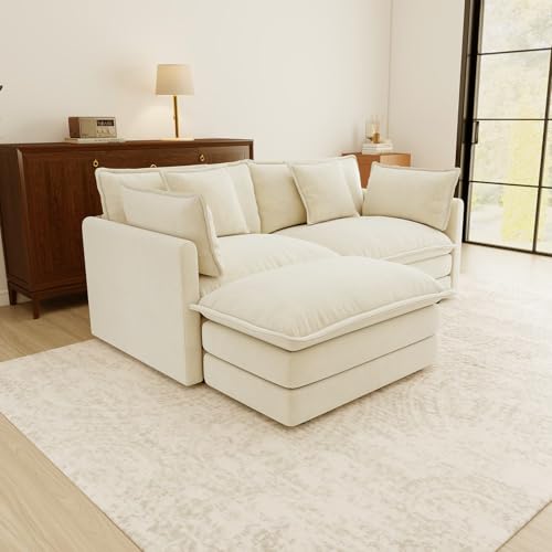 76.7” Oversized Beige White Loveseat Sofa, 2 Seater Large Sectional Couches for Living Room, Chenille Fabric Modular Sectional Sofa with 1 Ottoman, Deep Seat Home Sofas Set, Love Seat Couches - color: Beige White, size: 2 Seater + 1 Ottoman