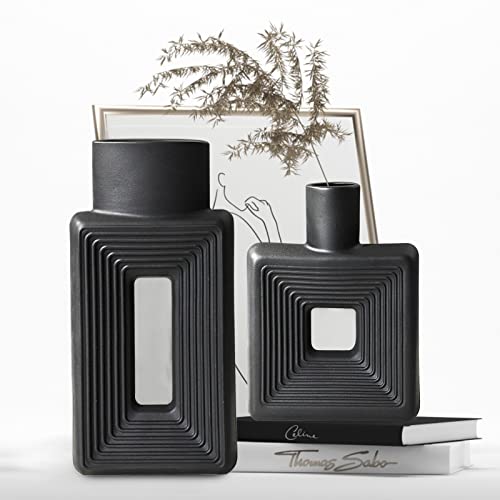 Black Ceramic Vase Set of 2，Square Vase Rustic Home Decor Minimalist Nordic Boho Style for Living Room, Shelf, Table, Bookshelf, Mantel and Entryway Decor Vases - color: Square Black