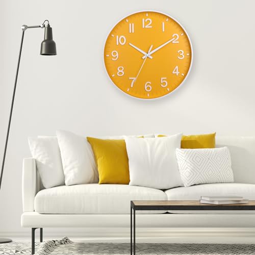 HZDHCLH 12 Inch Silent Wall Clock Battery Operated Non Ticking Yellow | for Living Room Bedroom Kitchen Office (orange color) - color: Daffodil