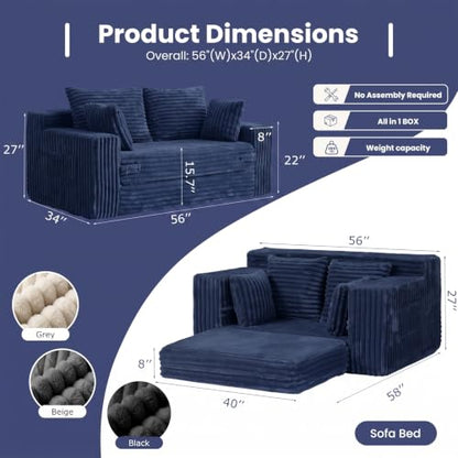 3-in-1 Convertible Sofa Bed: Boneless Loveseat Sleeper & Folding Couch Bed with 4 Pillows & Detachable Cushion,Furry Futon Couch for Bedroom,Apartment,Office and Living Room, No Assembly,Blue - color: Blue, size: Loveseat Sofa
