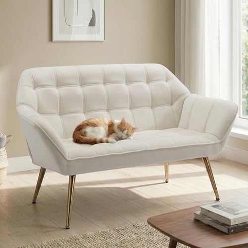48" Small Loveseat for Small Spaces, Modern Sherpa Mini Sofa Couch 2-Seater Velvet Love Seat with Quilting Back and Gold Legs for Living Room/Bedroom, Cream - color: Cream