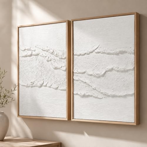Artiluxy Neutral Abstract Wall Art Set of 2, Framed 3D Textured, 16x20 Inch | Minimalist Abstract Coastal Decor for Living Room Bedroom Bathroom or Entryway Ready to Hang - color: White B