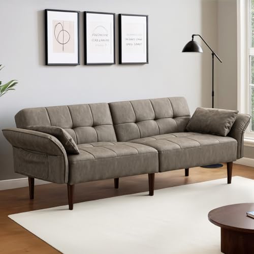 HALLYBEE 85" Futon Faux Leather Couch with Adjustable Armrests Grey | Futon Sofa Bed, Sleeper Sofa, Small Couch with Pillows, Side Pockets, Mid Century Modern, Living Room, Bedroom, Apartment - color: Grey