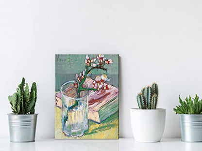 Wieco Art Canvas Prints of Blossoming Almond Branch in a Glass with a Book by Vincent Van Gogh Canvas Wall Art for Home Decor and Wall Decor Post-impressionism Pictures Artwork - size: 16"L x 12"W