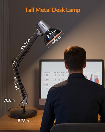 LEPOWER Metal Adjustable Desk Lamp with Clamp, Swing Arm for Home Office | Gooseneck, Architect Style, Eye-Caring Table Lamp, On/Off Switch, E26 Base, Reading for Dorm, Bedroom, Study, Back to School - color: Black