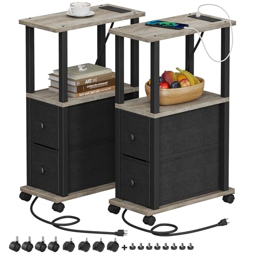 TUTOTAK Small Narrow End Tables, Side Tables with 2 Fabric Drawers, Set of 2, Bedside Tables with Charging Station for Small Spaces, Slim Nightstands with USB Ports and Wheels, TB01BG053 - color: Greige, style: with Outlets