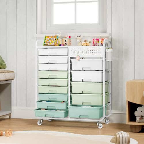 14 Drawer Rolling Storage Cart with Tabletop and Pegboard for Crafts Green | Easy Setup, Large Capacity, Sturdy Build, Smooth Mobility, For classroom, office and dorm supplies - color: Green