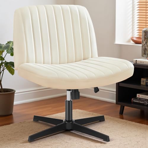DUMOS Criss Cross Chair No Wheels, Wide Seat Cross Legged Office Desk Vanity Chair, Faux Leather Armless Height Adjustable Swivel Task Computer Chairs for Home, Study, Beige PU - color: Beige Pu
