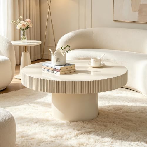 Round Fluted Coffee Table Handcrafted Relief Drum End Table | Mid Century Modern Drum Coffee Tables Rustic Industrials Wood Center Table for Apartment Living Room - color: White Round Thin
