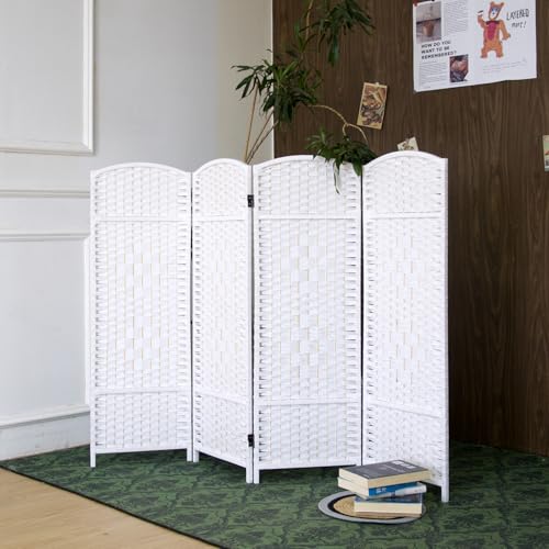 4-Panel Short Room Divider, 3.9 ft Freestanding Partition Wall, Natural White Rattan Double-Sided Folding Screen for Living Room, Bedroom & Corner Privacy - color: White, size: 4 Panel
