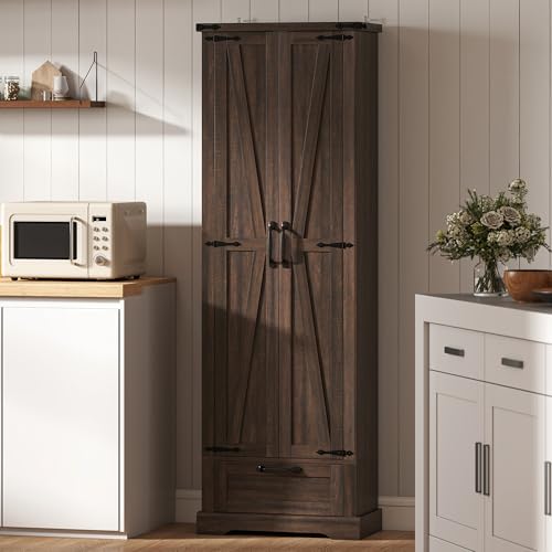 HOMCOM 71" Tall Kitchen Pantry Storage Cabinet Barn Doors Drawer Brown | Farmhouse, Adjustable Shelves, Freestanding Food Pantry Cabinet, for Kitchen, Dining Room - color: Brown