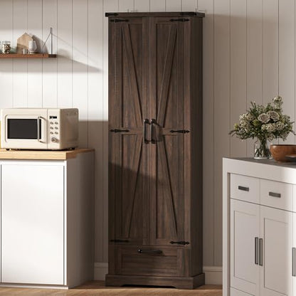 HOMCOM 71" Tall Kitchen Pantry Storage Cabinet Barn Doors Drawer Brown | Farmhouse, Adjustable Shelves, Freestanding Food Pantry Cabinet, for Kitchen, Dining Room - color: Brown
