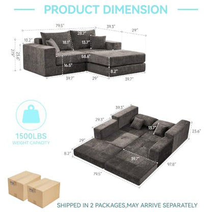 79" Boneless Cloud Loveseat Sofa, Modular Sectional Love Seat with Ottoman, Modern L-Shaped Tufted Convertible Sleeper Sofa Bed for Living Room & Small Spaces, No Assembly Required, Brown - color: Brown, size: 79.5" Tufted Boneless Loveseat