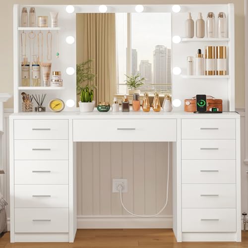 Quimoo Large Vanity Desk with Mirror and Lights, Makeup Vanity with 11 Drawers & 6 Open Shelves, 3 Color Modes & Adjustable Brightness, White Vanity for Girls - color: White 11 Drawers Vanity