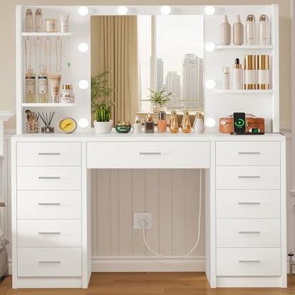 Quimoo Large Vanity Desk with Mirror and Lights, Makeup Vanity with 11 Drawers & 6 Open Shelves, 3 Color Modes & Adjustable Brightness, White Vanity for Girls - color: White 11 Drawers Vanity