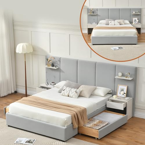 Queen Size Bed Frame with Storage & Built-in Nightstands & Drawers, Gray | Velvet Upholstered Platform Bed Frame & 5 Floating Storage Shelves, Noise-Free, No Box Spring Needed, Easy Assembly - color: Grey, size: Queen