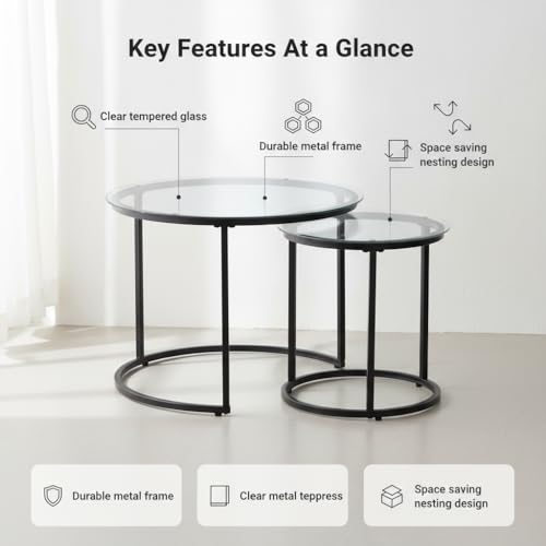 Round Nesting Coffee Table Set of 2, Glass Stacking Minimalist End Table | Modern Marble Pattern Wooden Nesting Tables for Living Room Bedroom Small Space, Clear Tempered Glass and Black Leg - color: Glass & Black