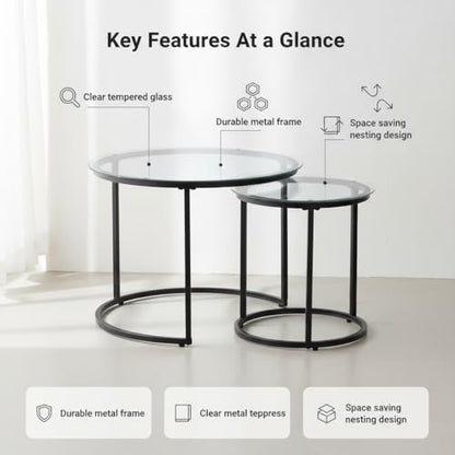 Round Nesting Coffee Table Set of 2, Glass Stacking Minimalist End Table | Modern Marble Pattern Wooden Nesting Tables for Living Room Bedroom Small Space, Clear Tempered Glass and Black Leg - color: Glass & Black