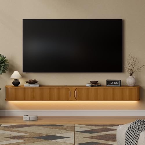 94.8" Floating TV Stand with Power Outlet for TVs up to 100", Mid Century Modern TV Console with RGB LED Lights, Fluted Entertainment Center With Sliding Door for Living Room, Bedroom(Yellow Walnut) - color: Yellow Walnut, size: 94.8 inch