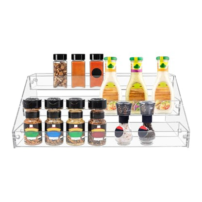 PMMASTO 3-Tier Clear Acrylic Spice Rack Organizer for Cabinet Countertop | Raised Step Design, Keeps Spice Jars, Seasonings and Cans Visible, Ideal for Countertops, Kitchen Cabinets and Pantry Storage - size: 3 Tier - inner width 1.93''