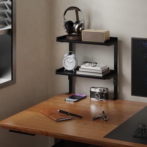 Clamp On Desk Shelf 2-Tier, 12.6 inche Wood Shelving Unit for Office Desk/Gaming Accessories, Tabletop Book Storage Rack, Shelf for Top & Under of Desk, Black - color: 2-tier 12.5 Inches Black
