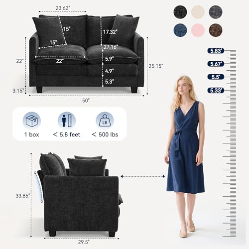 3 Seater Couch & Loveseat Sofa 2 Piece Set, Small 50" Love Seat & 69" Cloud 3 Seat Couch Sofa Set Washable Chenille Pillow Living Room Set for Apartment Office 50-Black-3+2 - color: Black, size: 50"+69"