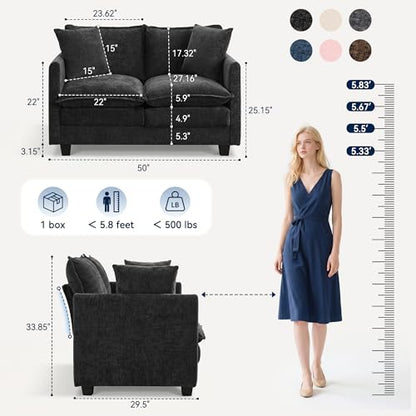 3 Seater Couch & Loveseat Sofa 2 Piece Set, Small 50" Love Seat & 69" Cloud 3 Seat Couch Sofa Set Washable Chenille Pillow Living Room Set for Apartment Office 50-Black-3+2 - color: Black, size: 50"+69"