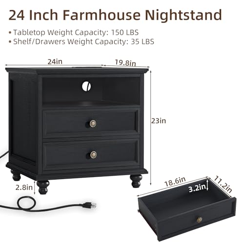 Joaxswe 24" Wide Farmhouse Nightstand with Charging Station, End Table with 2 Drawers, Black Wood Dresser for Bedroom Cabinet, Bed Side Table Chest of Drawers, Night Stand for Living Room, Closet - color: Black, size: 24"W (2 Drawers)