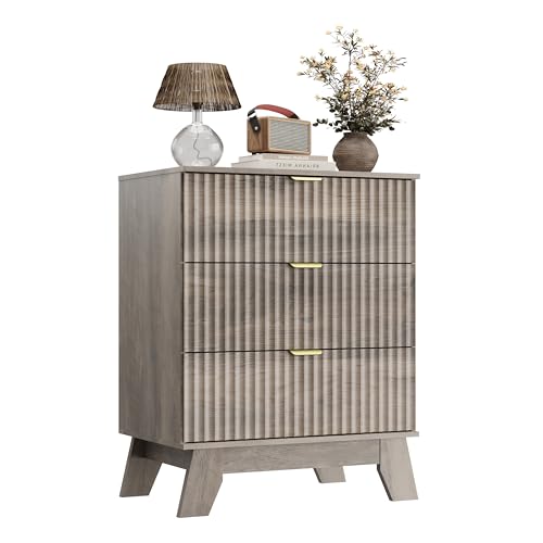 Night Stand Set 2, Bedside Table & End Table, Mid Century Modern Fluted Wood Nightstand with 3 Drawers & Metal Handles, Farmhouse Nightstand for Bedroom, Grey - color: Grey, style: 3 Drawers-2 PCS