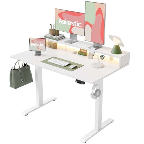 Agilestic 48 * 24 Inch Electric Standing Desk with Shelf & Led, White | Electric Height Adjustable, Outlets&Led, Monitor Stand, Sturdy Steel Frame, Memory Presets, Hooks, 154 lbs, Splice Board - color: Led-white, size: 48 x 24 Inches with led and power st