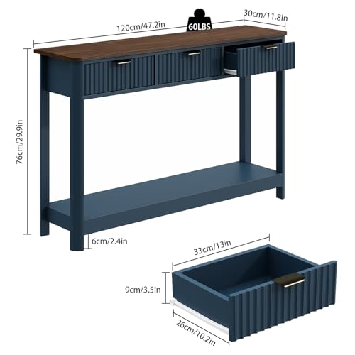 RUSTOWN Fluted Wood Console Table with 3 Drawers, 47.2" Boho Entryway Table | Narrow Behind Couch Sofa Table, Open Storage Shelf, Curved legs, 2 Tier Modern Farmhouse Hallway Table for Living Room, Foyer - color: Navy Blue