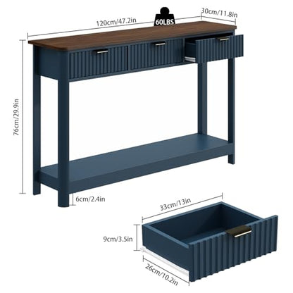 RUSTOWN Fluted Wood Console Table with 3 Drawers, 47.2" Boho Entryway Table | Narrow Behind Couch Sofa Table, Open Storage Shelf, Curved legs, 2 Tier Modern Farmhouse Hallway Table for Living Room, Foyer - color: Navy Blue