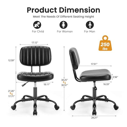 YSSOA Office Chair Small Computer Desk Chair Ergonomic with Low Back Lumbar Support, Height Adjustable Armless PU Leather Vanity Stool 360° Swivel Rolling Chair with Wheels, Black - color: Black