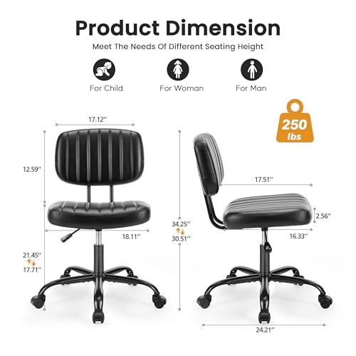 YSSOA Office Chair Small Computer Desk Chair Ergonomic with Low Back Lumbar Support, Height Adjustable Armless PU Leather Vanity Stool 360° Swivel Rolling Chair with Wheels, Black - color: Black
